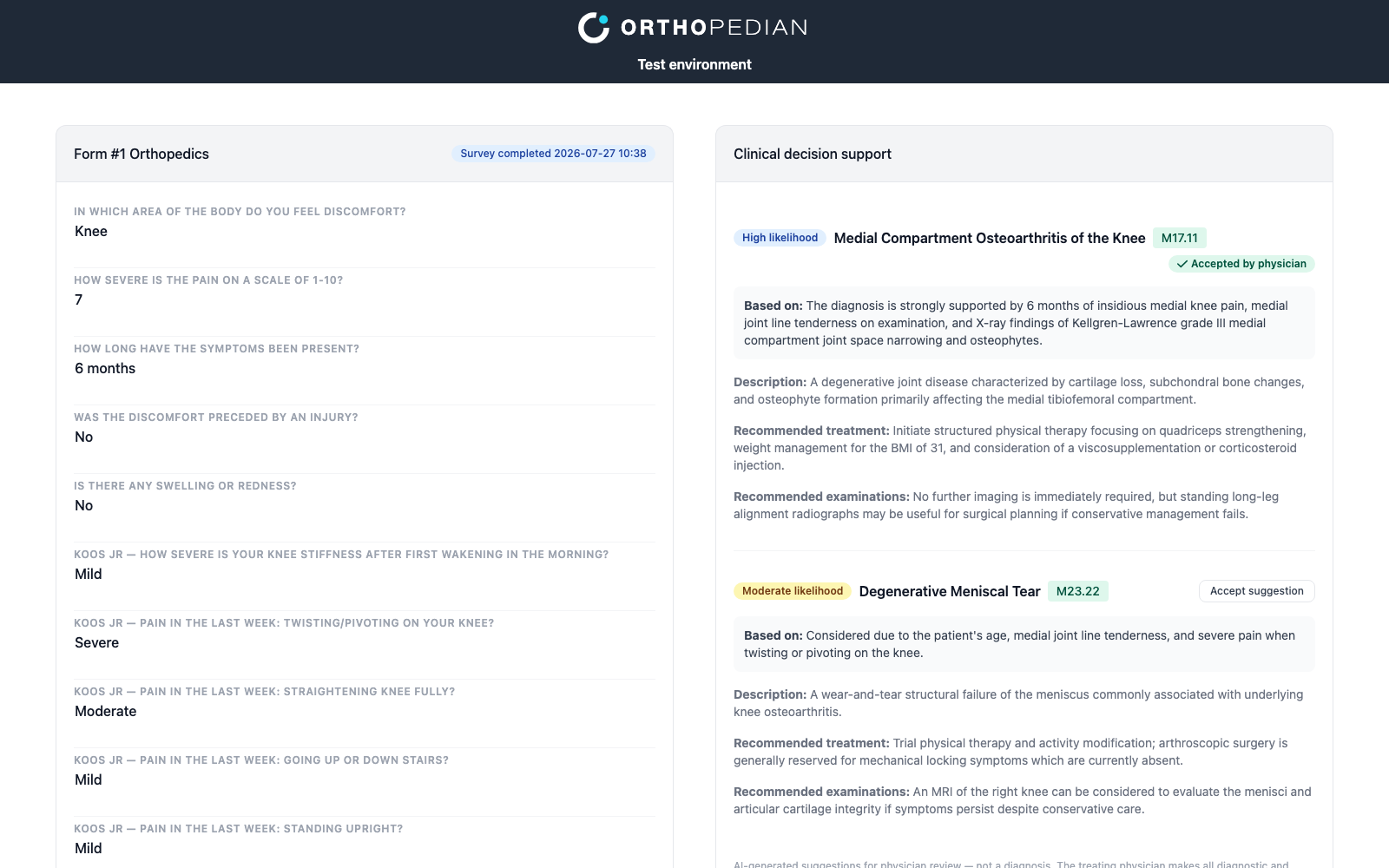 Orthopedian dashboard: patient record with completed survey, KOOS JR answers and AI clinical suggestions awaiting physician review
